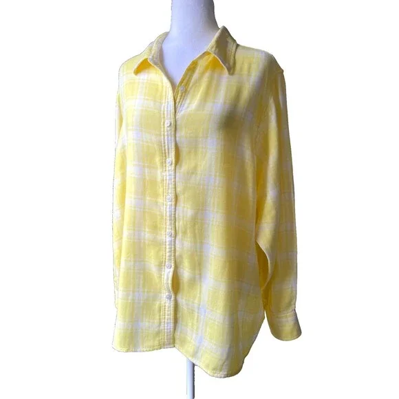 Lands End Cotton Gauze Shirt Yellow Plaid Gingham Lightweight Coastal 22W - Picture 8 of 13